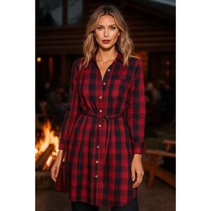 The Limited Womens Shirt Dress Small Petite Red Black Plaid Long Sleeve Gingham